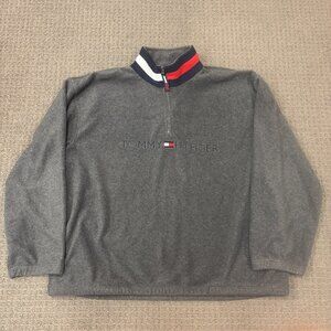 Vintage Tommy Hilfiger Pullover Gray Fleece Quarter Zip Oversized Jumper Cozy